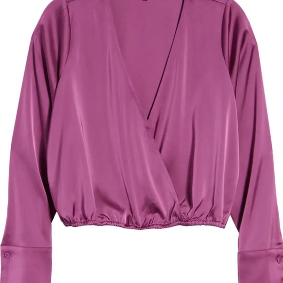 Nwt Good American Long Sleeve Stretch Satin Faux Wrap Top - Picture 5 of 6